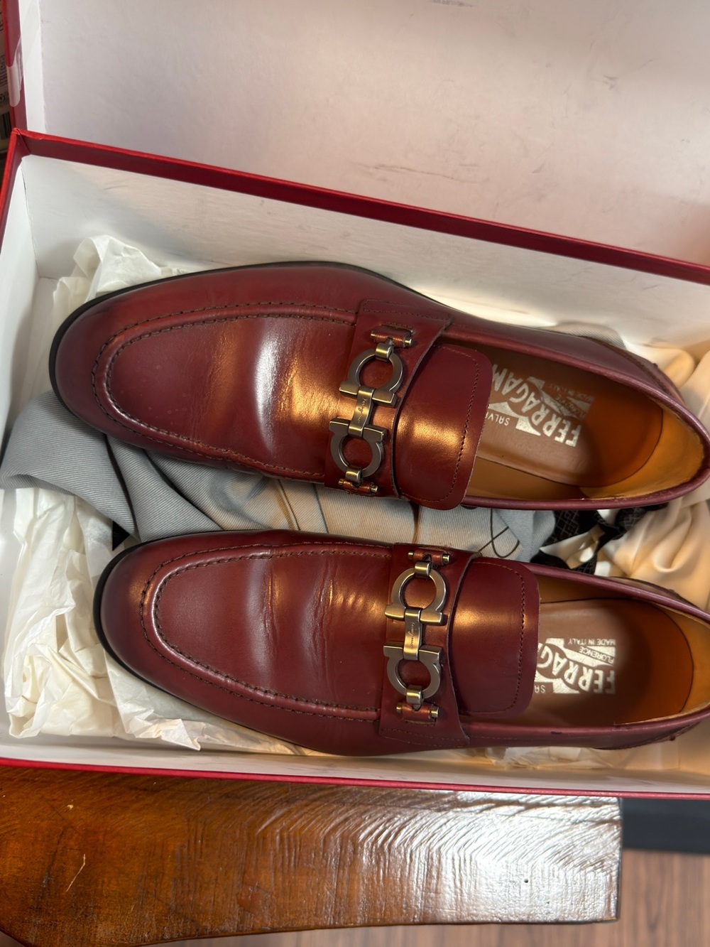 Salvatore Ferragamo Men's Burgundy Leather Horsebit Loafers